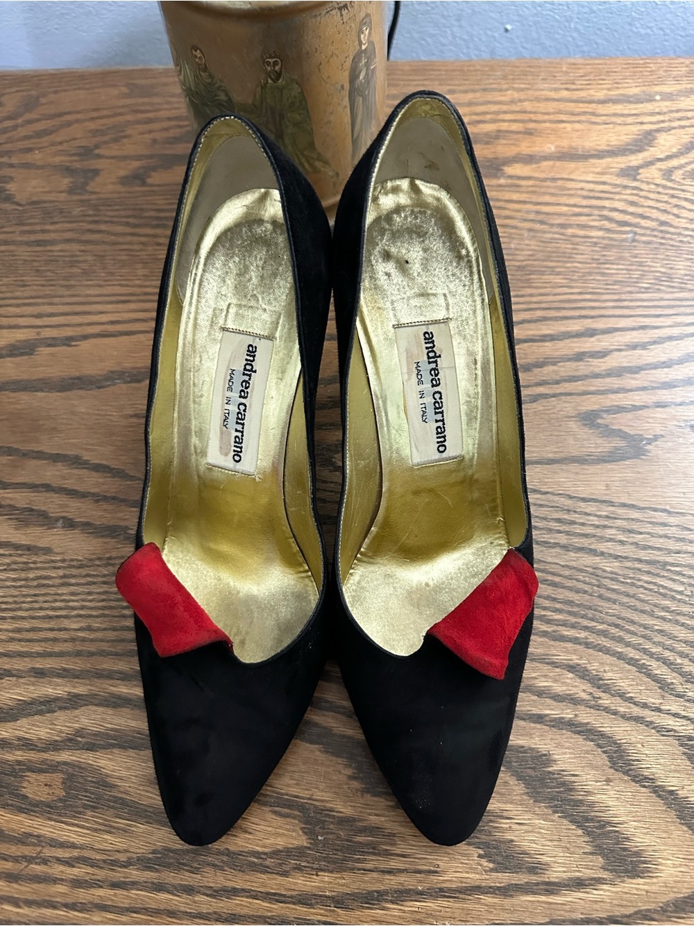 Andrea Carrano Black Suede Pumps with Red Accent